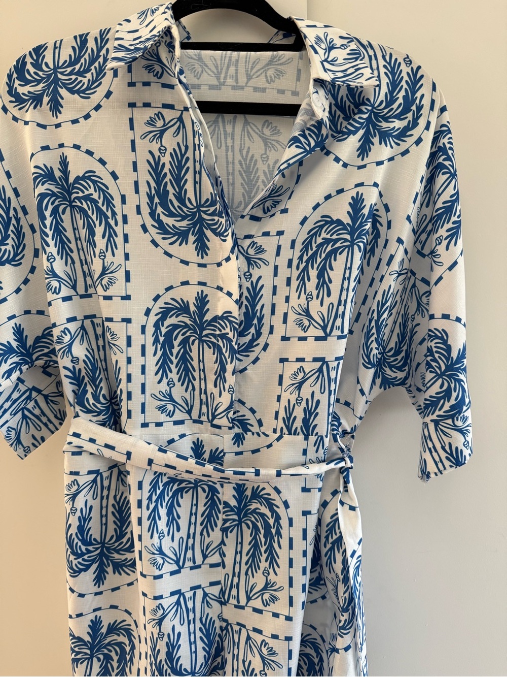 Boutique Blue Palm Print Belted Romper
